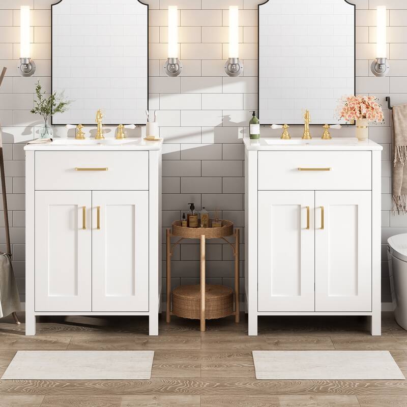 Modern 48" Bathroom Vanity Cabinet with Sinks, Flip Drawers, Double-Layer Door Shelves, Gold Handles and Soft-Close Doors