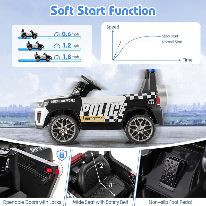 12V Battery Powered Ride On Car Police Car Ride On w/ Remote Control