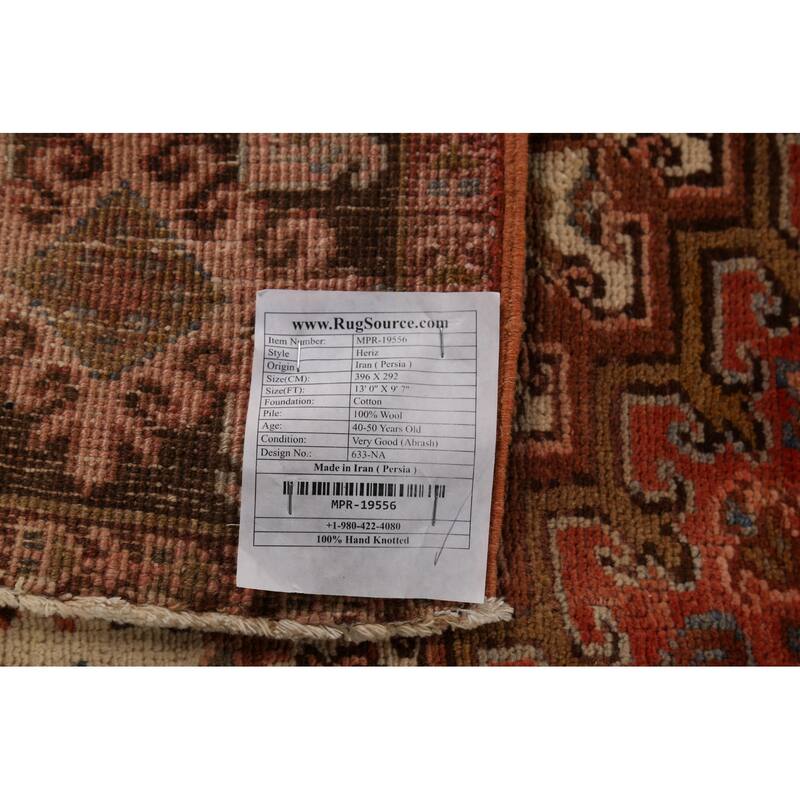 Orange Heriz Persian Vintage Area Rug Handmade Medallion Wool Carpet - 9'7"x 13'0"