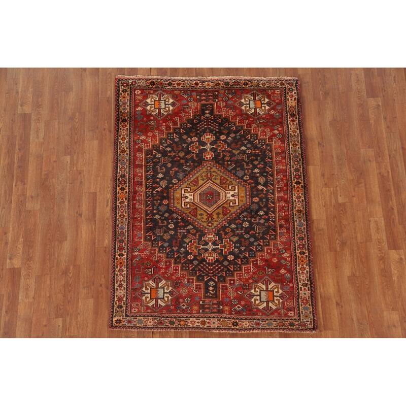 Hand Knotted Oriental 100% Wool Carpet Traditional Tribal Navy Blue & Blues Shiraz Area Rug - 5' 3'' X 3' 11''