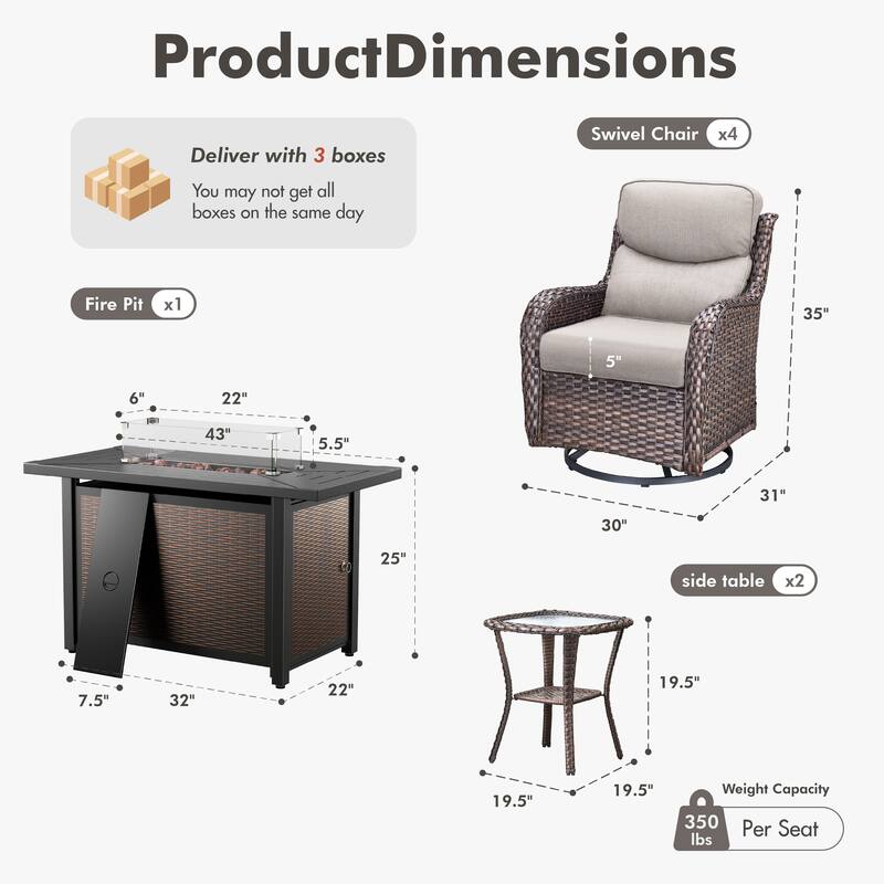 Meyreso 7-Piece Outdoor Patio Wicker Fire Pit 4 person Conversation Set with 5-Inch Thick Cushions