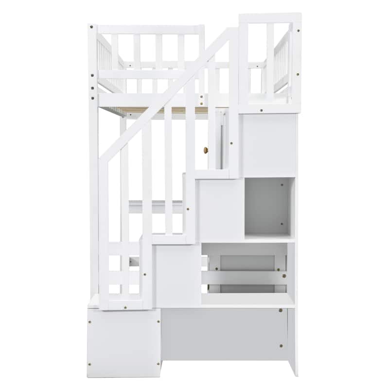 Twin Loft Bed in Walnut with Integrated L-Shaped Desk, LED Lighting, Multi-Tier Storage Shelves, Cabinets, and Staircase