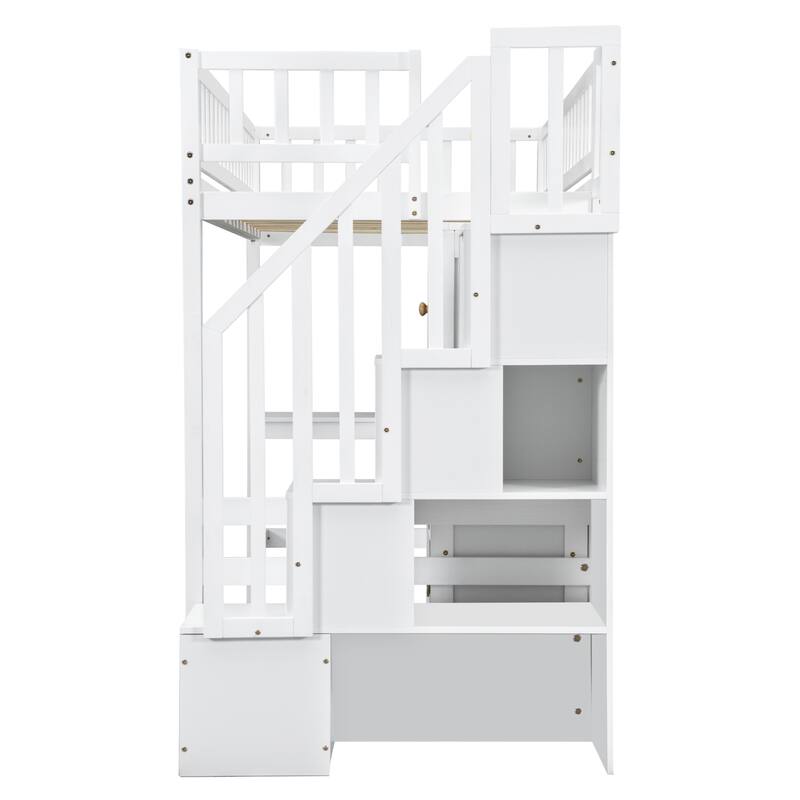 Twin Size Pinewood Loft Bed with Built-in Desk, LED Lighting, Storage Shelves, Cabinets and Staircase