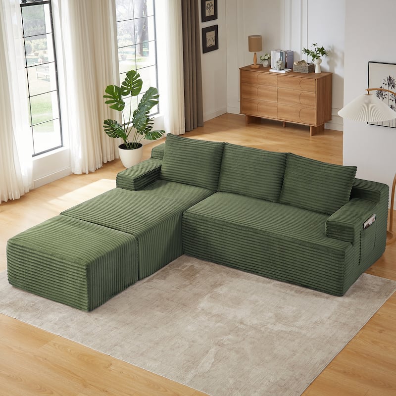 Corduroy Upholstery Cloud Modular Sectional Sofa with Chaise and Pillows, All-Foam Compression Design