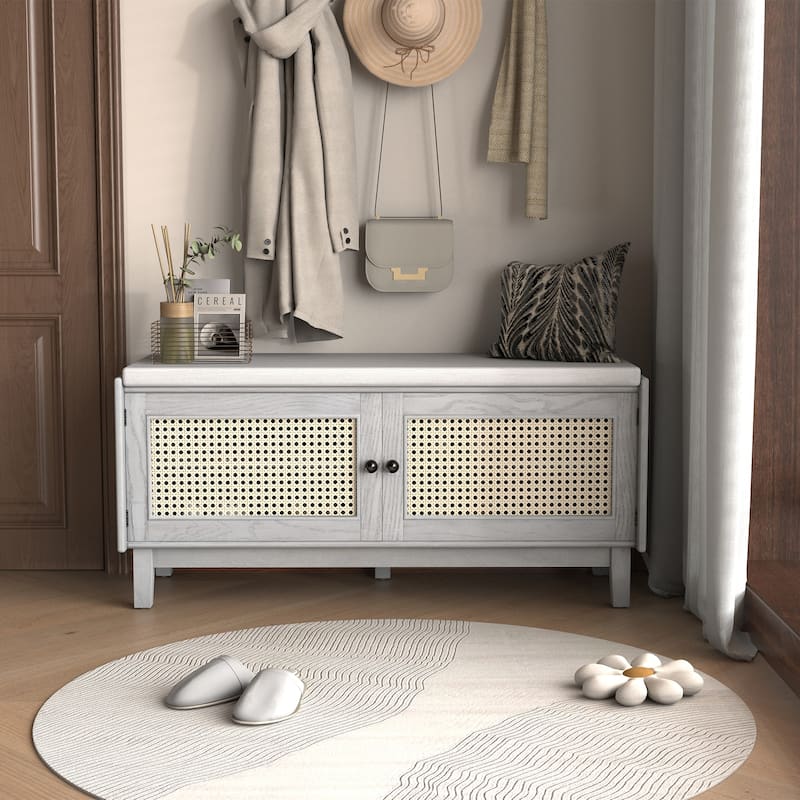 Boho Rattan Shoe Storage with Washable Cushion & Adjustable Shelves by Harper&Bright Designs