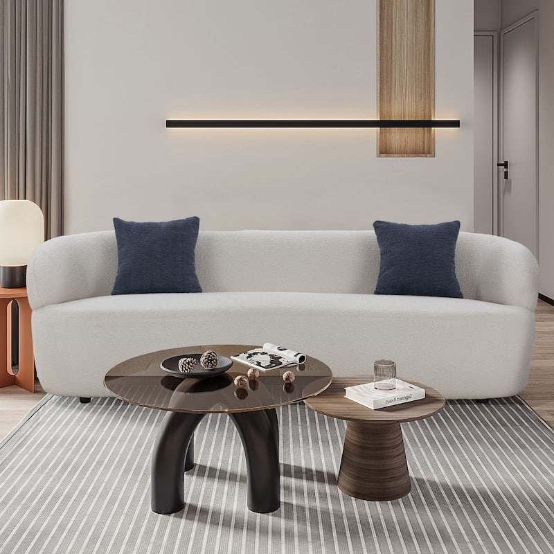 Minimalist Curved Sofa with Pillows - Soft Corduroy or Cozy Polar Fleece Upholstery - Beige