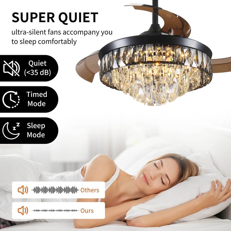 42 inch Chandelier Ceiling Fan Retractable with Light Remote 6 Speed 3 LED Crystal Black Bedroom