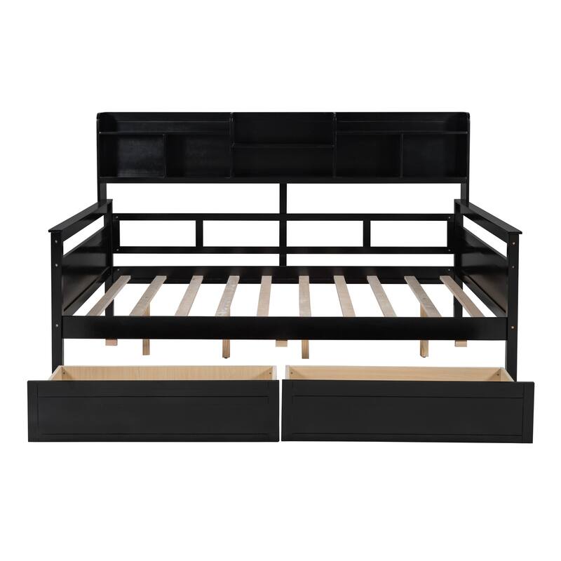 Twin/Full Size Daybed, Solid Wood Platform Sofa Bed Frame with Built In Bookshelves and Two Drawers
