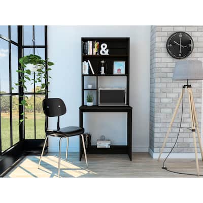 Freestanding Computer Desk with Four Shelves, Storage Drawers, and Footrest for Small Office Spaces