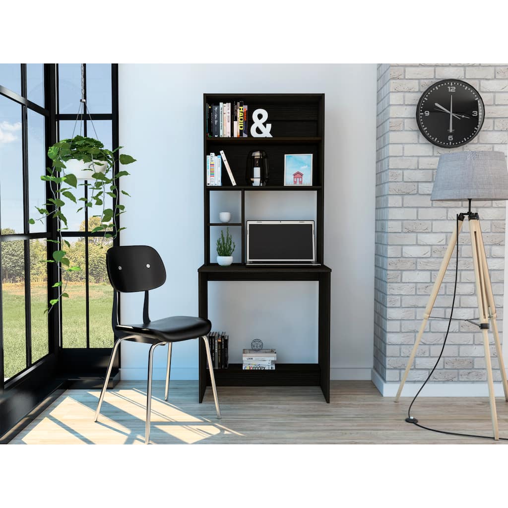 Freestanding Computer Desk with Four Shelves, Storage Drawers, and Footrest for Small Office Spaces