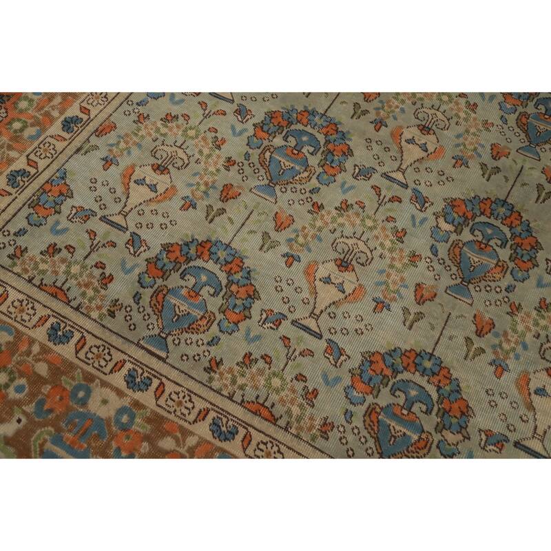 Hand Knotted Oriental 100% Wool Carpet Traditional Floral Green Tabriz Area Rug - 11' 0'' X 8' 1''