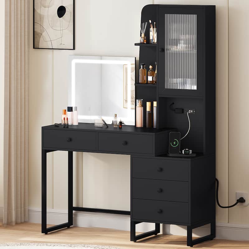 Moasis Makeup Vanity Desk with Mirror and Lights Vanity Table with Charging Station Storage Shelf - 15.7"D x 41.3"W x 62.6"H
