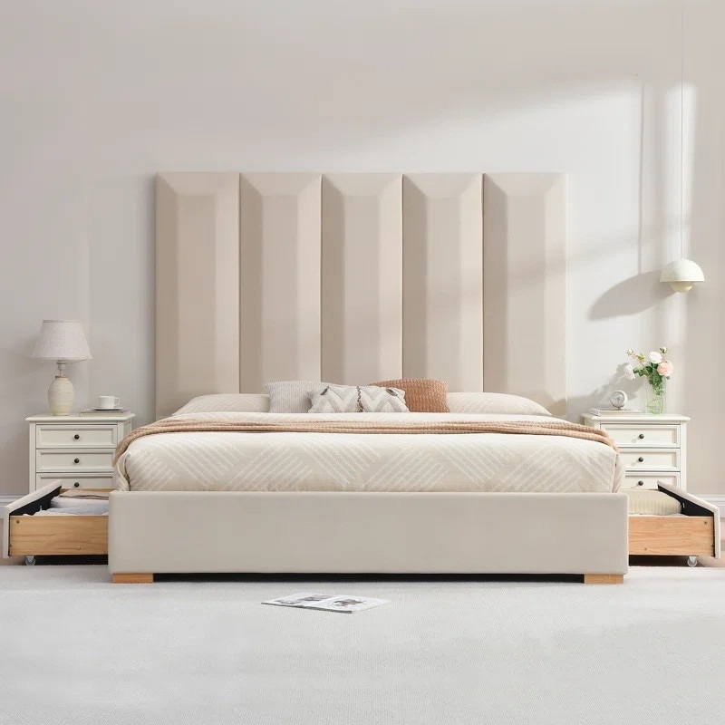 Beige Upholstered Platform Bed Frame with Storage Drawers