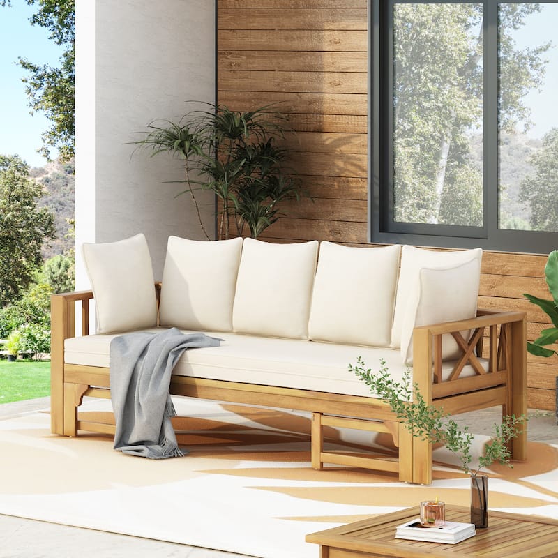 Outdoor 3-Seater Acacia Wood Sofa w/ Cushions, Extendable Patio Daybed - Beige-Teak