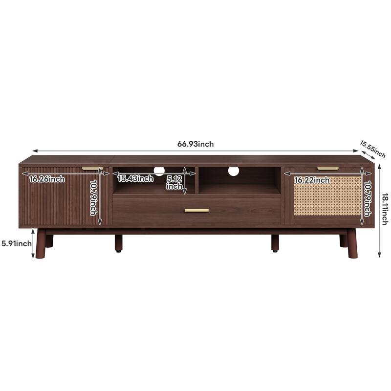 66.9" Modern Wood TV Stand for 75 Inch TVs, Media Console with Soft-Close Doors, Rattan Drawer & Drop-Down Cabinet