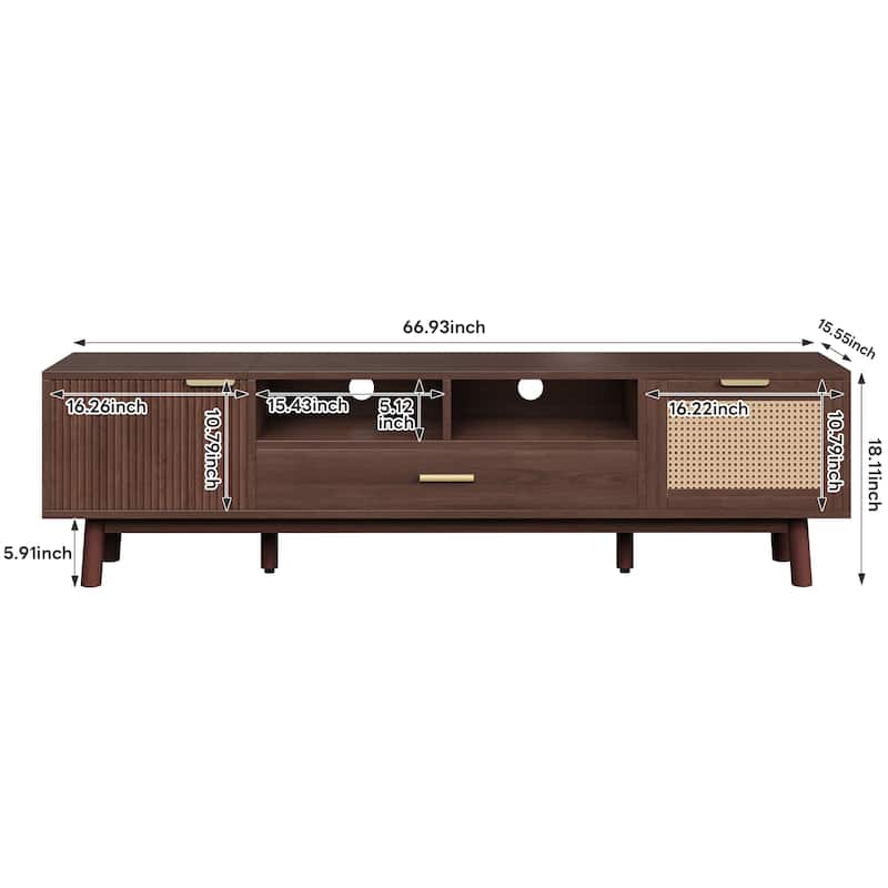 66.93" Rattan Media Console - Transitional Design with Interwoven Doors, Solid Wood Base and Concealed Storage