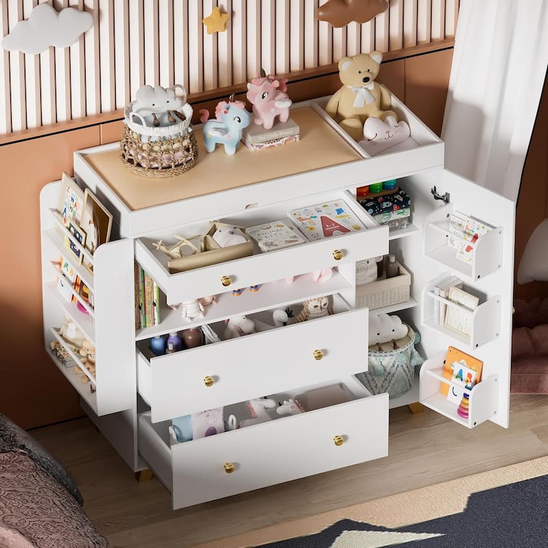 Modern Changing Table Dresser - Wide Top, 3 Drawers, White Finish‌
