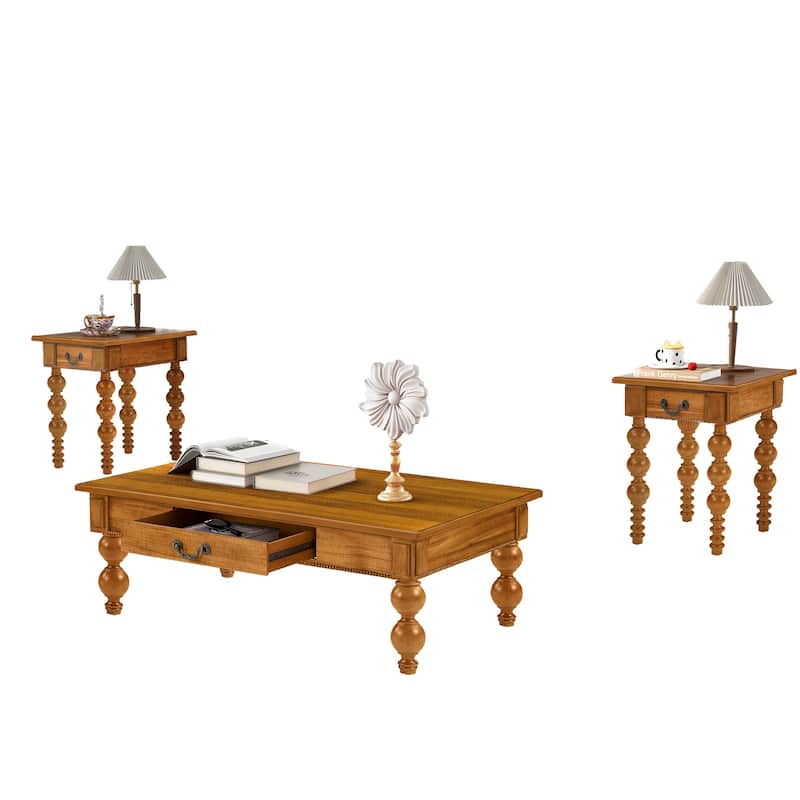 Solid Wood Table Sets of 3 with Coffee Table and 2 End Tables, Vintage Tables with Storage Drawers and Unique Gourd-Shaped Legs
