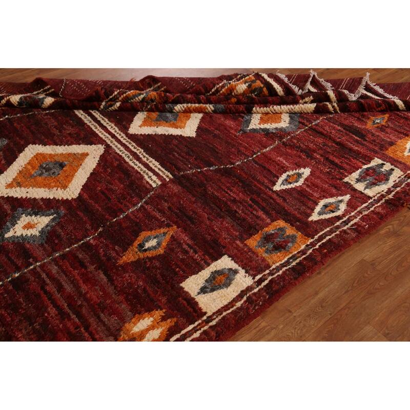 Hand Knotted Oriental 100% Wool Carpet Modern Tribal Red Moroccan Area Rug - 9' 7'' X 6' 10''