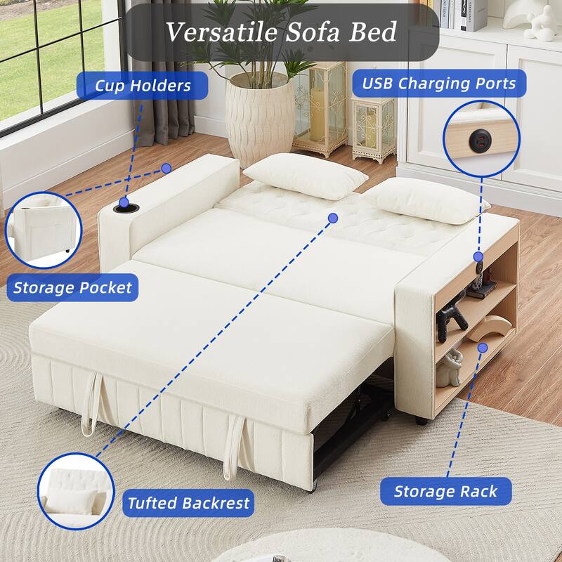 61.4" Pull-out Sofa Bed Convertible Loveseat with Adjustable Backrest, Beige Chenille