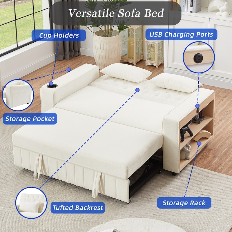 Transformable Chenille Fabric Sofa Bed with Adjustable Tufted Backrest, USB Ports, and Ample Storag