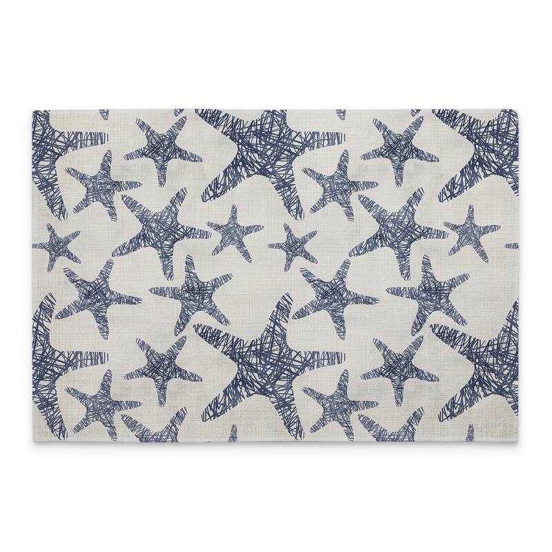 Dark Denim Starfish 4-Pack Poly-Cotton Blend Placemats Manufactured in The USA Machine Washable Dryer Safe - Set of 4 - Multi
