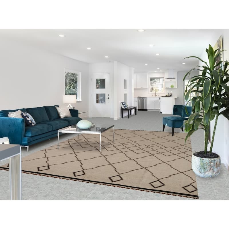 Trellis Moroccan Area Rug Handmade Oriental Beige Wool Carpet - 7'10"x 10'9"