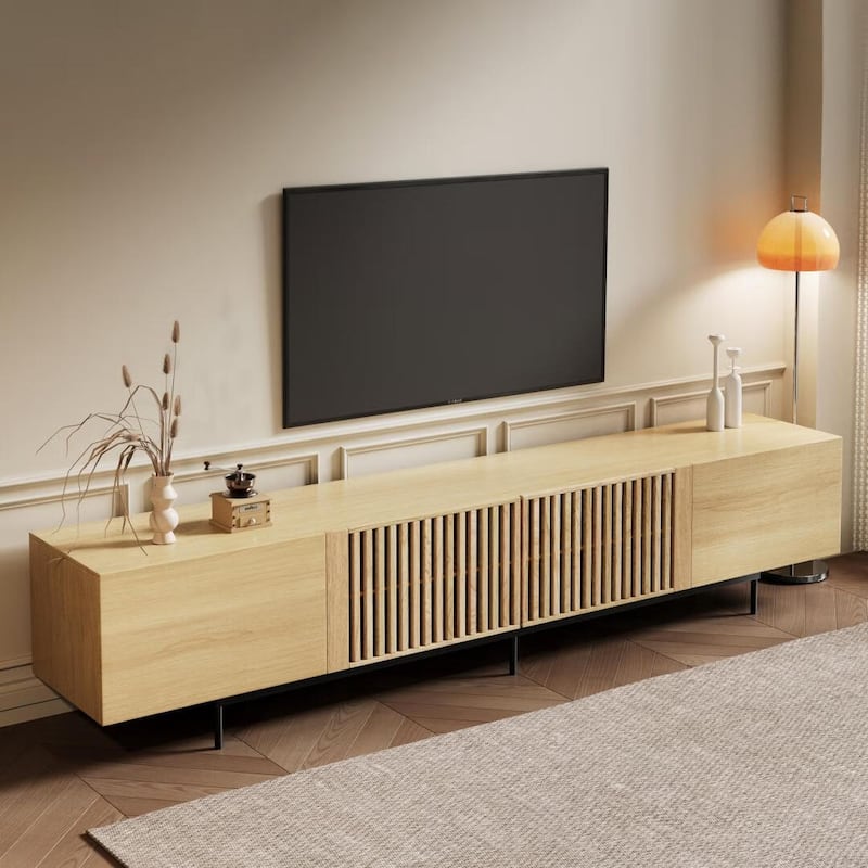 Stylish mid-century modern TV stand for up to 80" TVs. Ample storage for media devices, cable management. easy assembly.