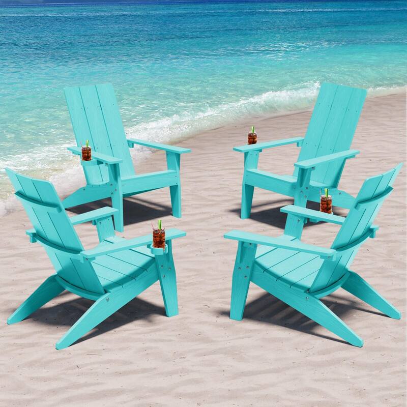 WINSOON All-Weather HIPS Outdoor Adirondack Chairs with Cup Holder Set Of 4 - Aruba Blue