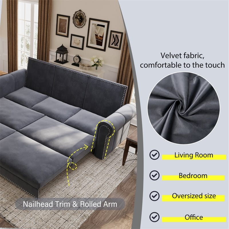 3-in-1 King Pull Out Sofa Bed Chesterfield Sofa, Velvet/Faux Leather Convertible Sleeper Sofa with Nailhead Trim & Rolled Arm