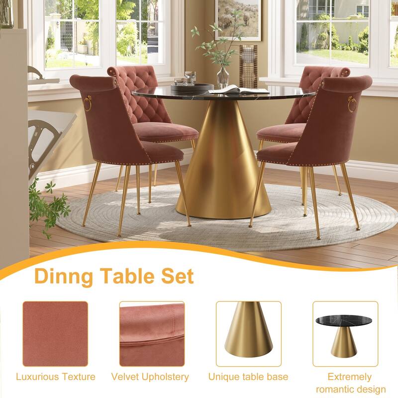 48" Marble Top Metal Dining Table with Velvet Dining Chair Set