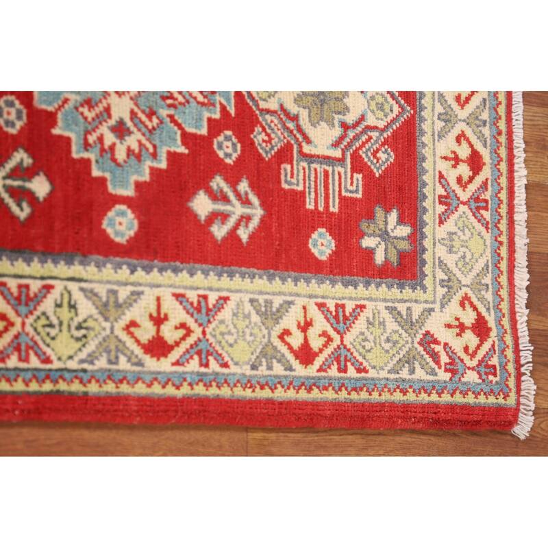 Red Geometric Kazak Oriental Runner Rug Handmade Wool Carpet - 2'1" x 5'10"