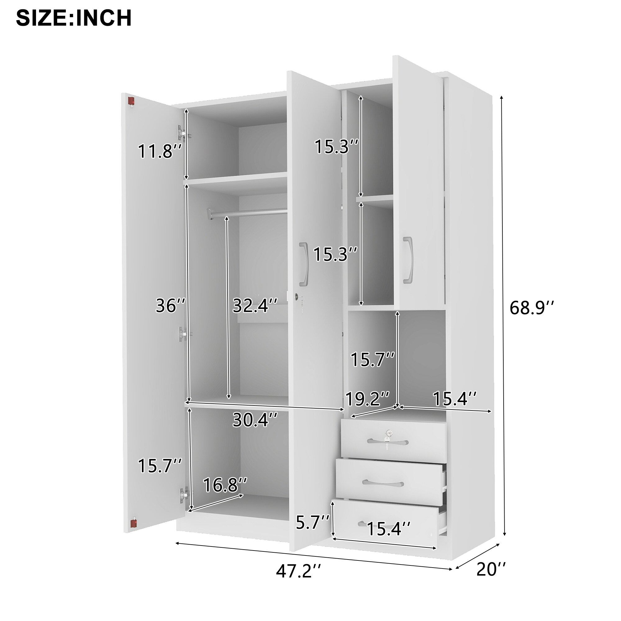 2-Doors Wooden Wardrobe Storage with Shelves and 3 Drawers
