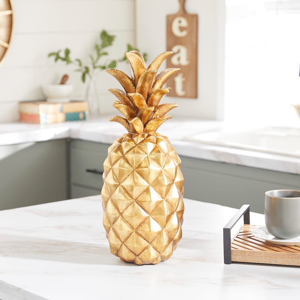 Gold Polystone Pineapple Fruit Sculpture - 7 x 7 x 18