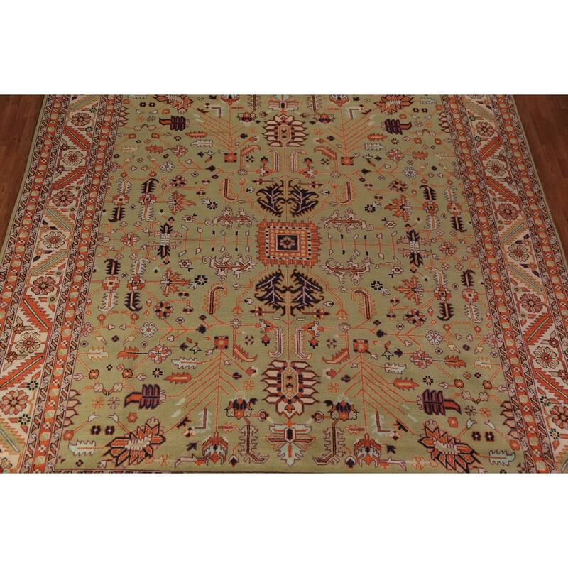 Light Green Heriz Serapi Indian Large Rug Handmade Wool Carpet - 11'11"x 14'6"