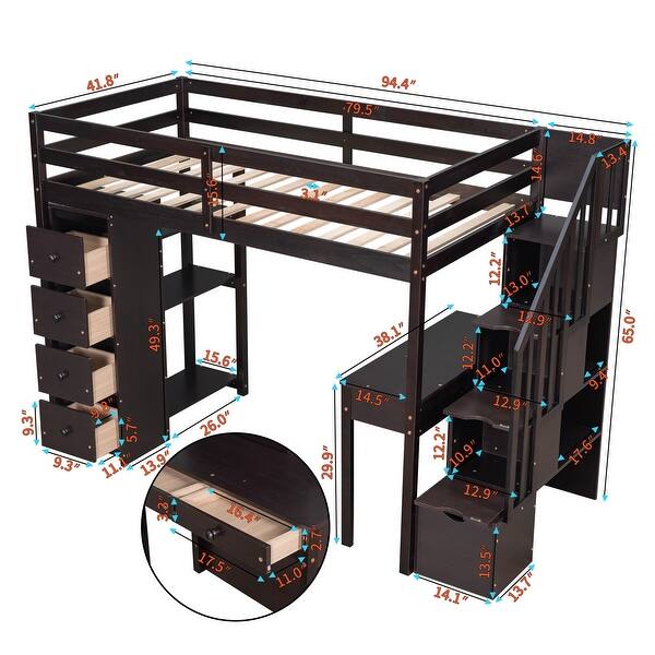 dimension image slide 2 of 3, Wooden Twin Size Loft Bed with Desk,Storage Stairs,Drawers and Shelves