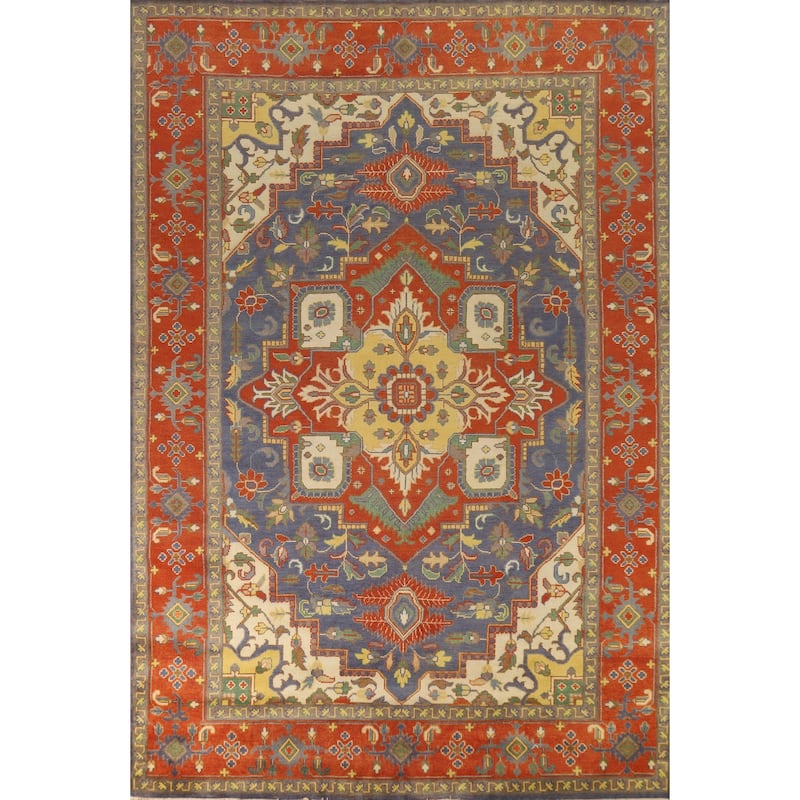 Hand Knotted Oriental 100% Wool Carpet Traditional Medallion Navy Blue & Blues Heriz (serapi) Area Rug - 14' 1'' X 9' 11''