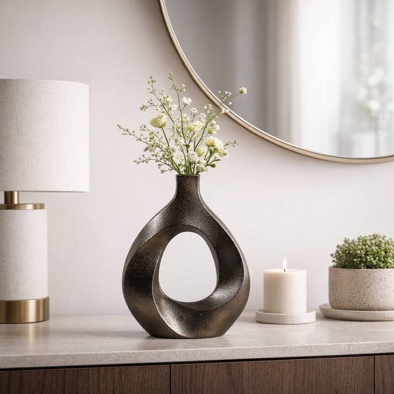 Artistic Metal Swirl Vase with Cut Out Center - Sculptural Flower Vase