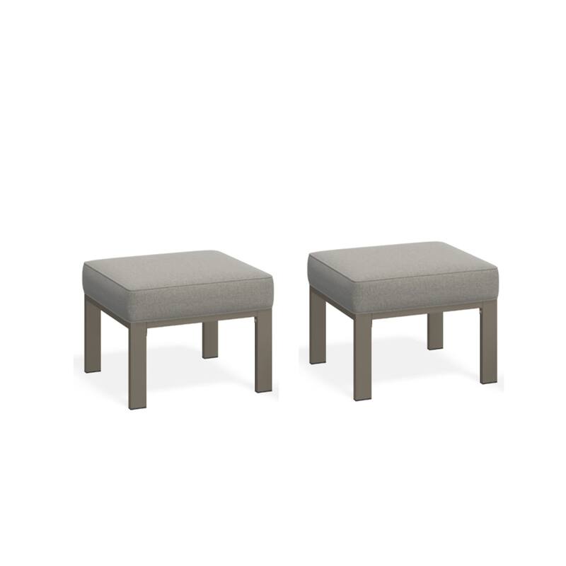 Set of 2, 22" Metal Patio Ottomans Beige Cushions & Khaki Frame