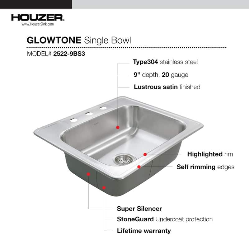 Houzer 2522-9BS3-C Glowtone 25" Drop In Single Basin Stainless Steel