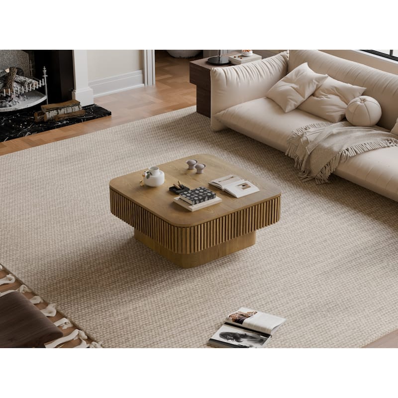 Modern 31.5" Square Coffee Table with Storage Solid Wood Veneered Accent Table for Living Room or Bedroom