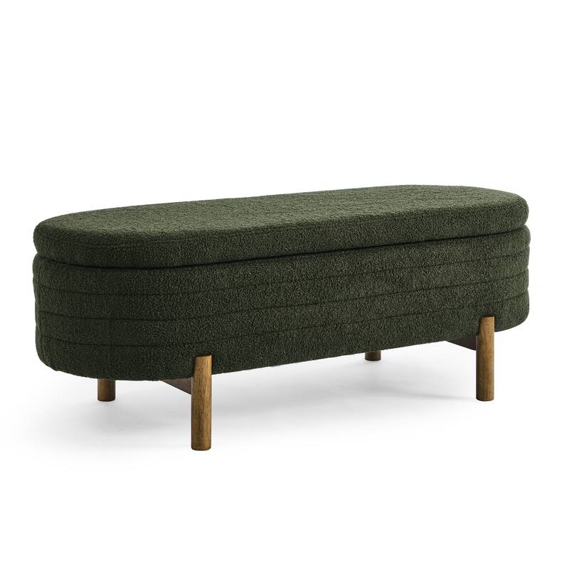 Small Ottoman Oval Storage Bench with Rubber Wood Leg Bedroom Upholstered Footstool Bench with Hidden Storage