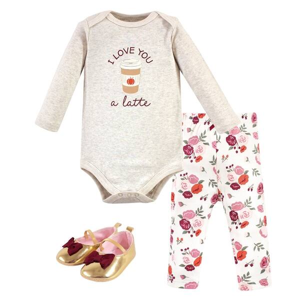 slide 1 of 1, Hudson Baby Infant Girl Cotton Bodysuit, Pant and Shoe 3pc Set, Fall Latte 0-3 Months - Fall Latte