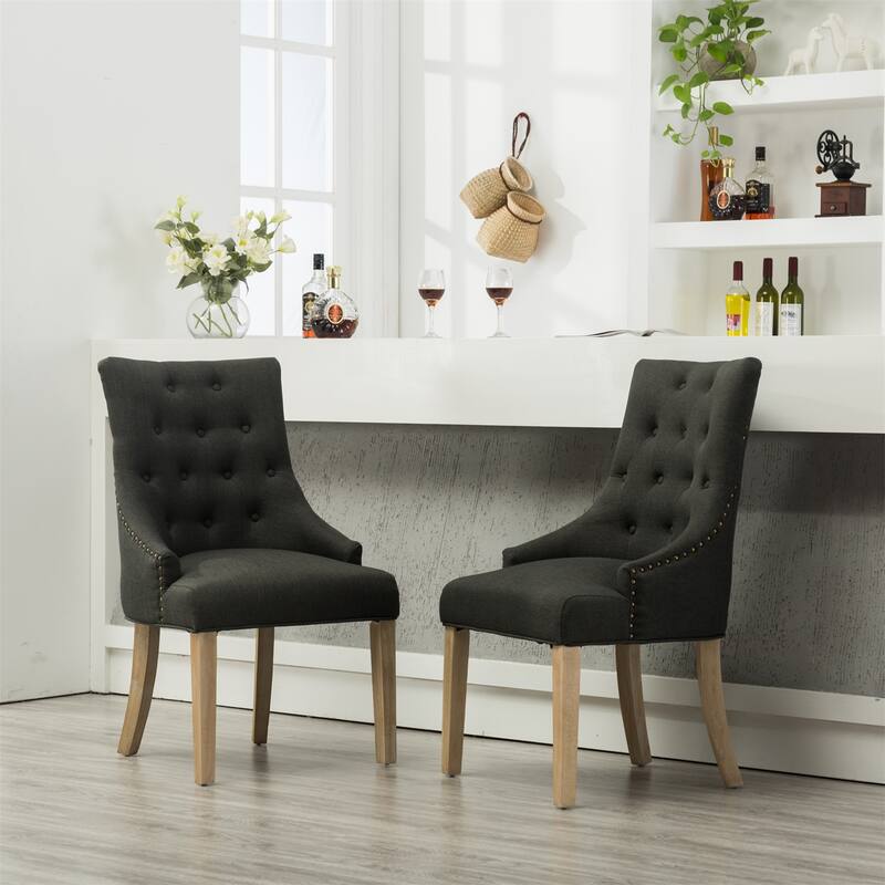 Set of 2 Tufted Button Wingback Chairs with Nailheads and Wood Legs - Dark Grey
