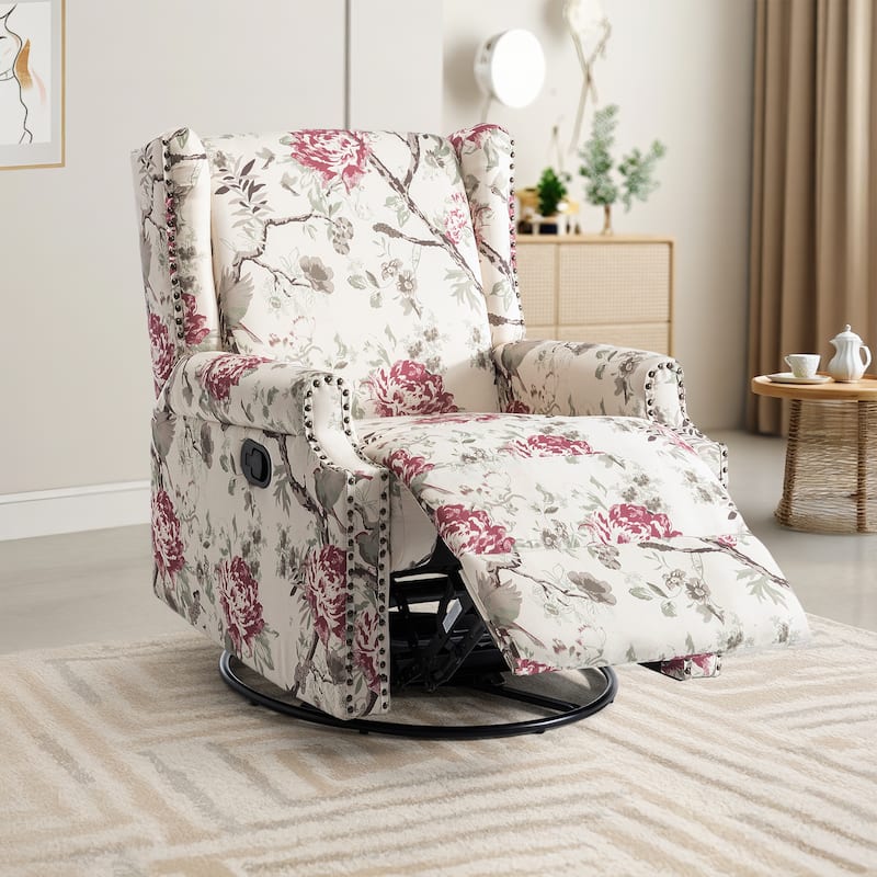 UIXE Roderich Farmhouse Floral Print Swivel Rocker Push Back Recliner - Plants Floral