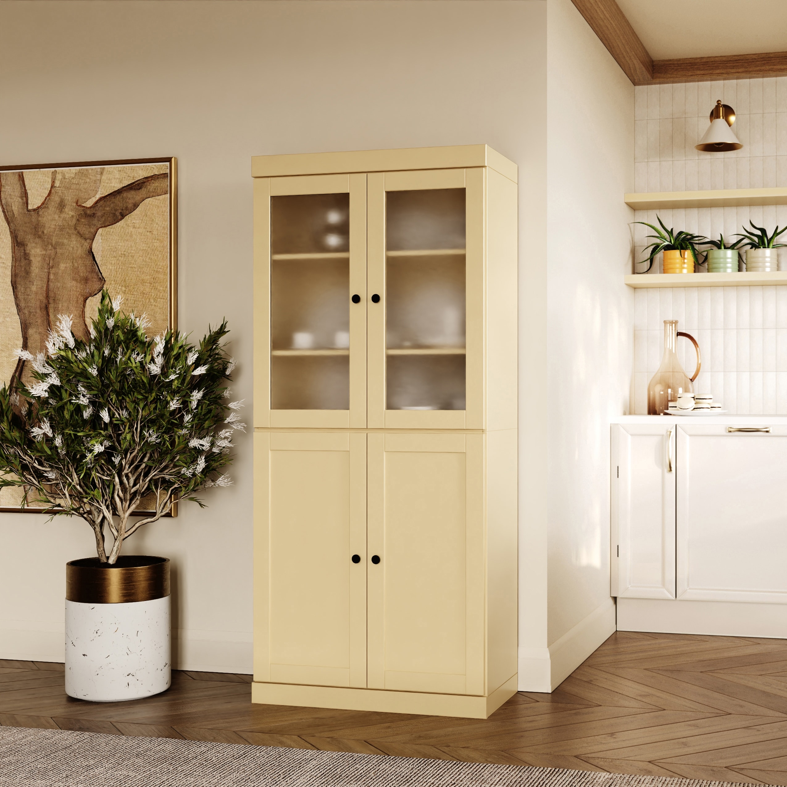 Palace Imports 100% Solid Wood 32" Pantry Cabinet with Frosted Glass, Shaker Doors and Adjustable Shelves