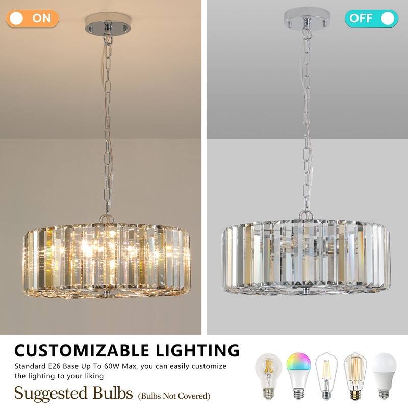 Modern 17" Chrome Crystal Pendant Chandelier, 4 - Light Adjustable E26 Hanging Light for Home (No Bulbs) - Transparent