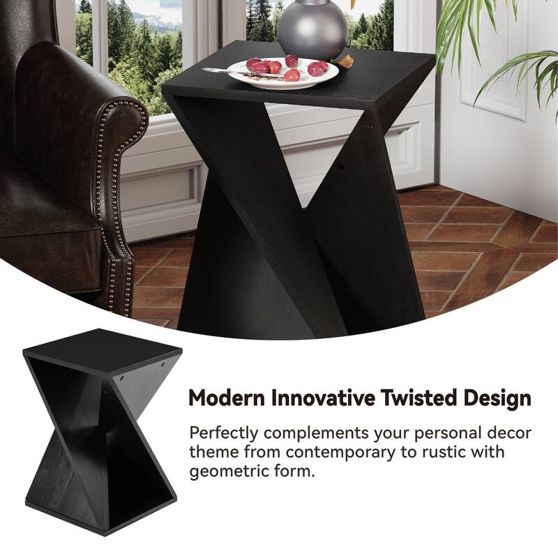 COZAYH Farmhouse End Table Square Solid Wood Side Table Rustic Plant Stand With Twisted Design, Natural Wood, Black