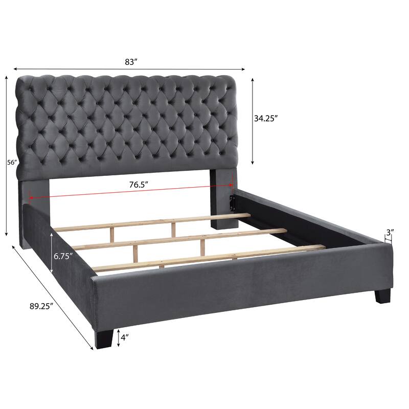 Roundhill Furniture Apoera Velvet Upholstered Button Tufted Bed, King, Gray