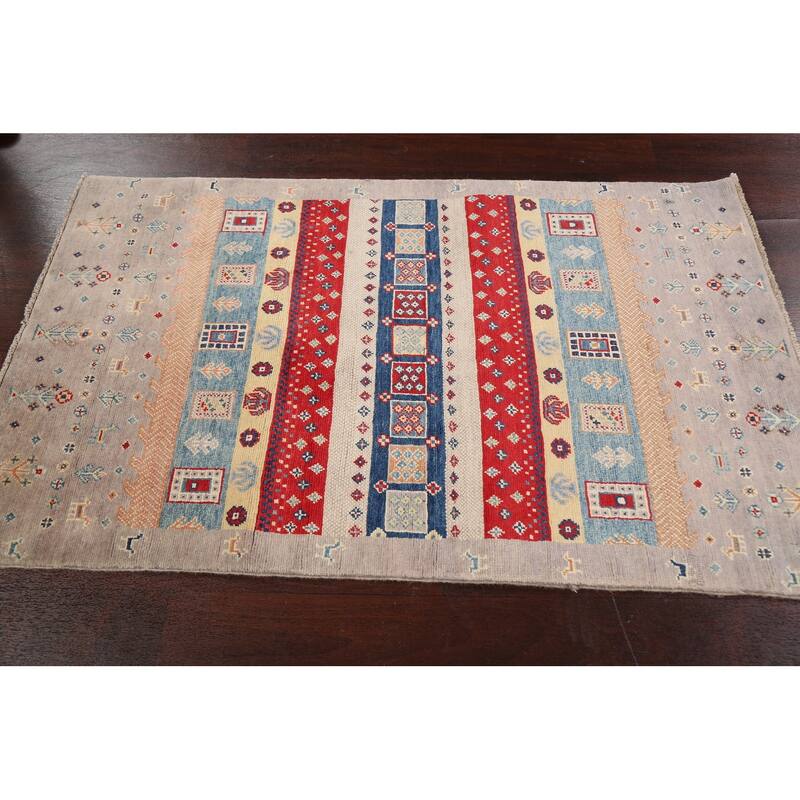 Tribal Geometric Kazak Oriental Wool Area Rug Handmade Foyer Carpet - 3'2" x 4'10"